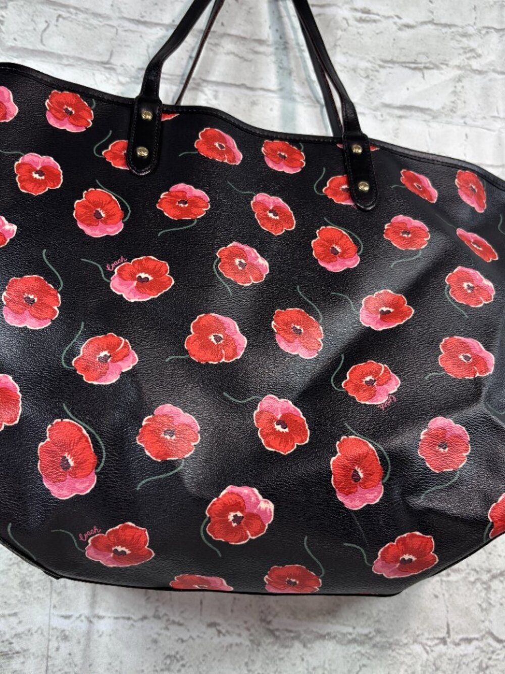 Coach Reversible City Tote featuring a vibrant red and pink poppy floral print - Picture 2 of 16